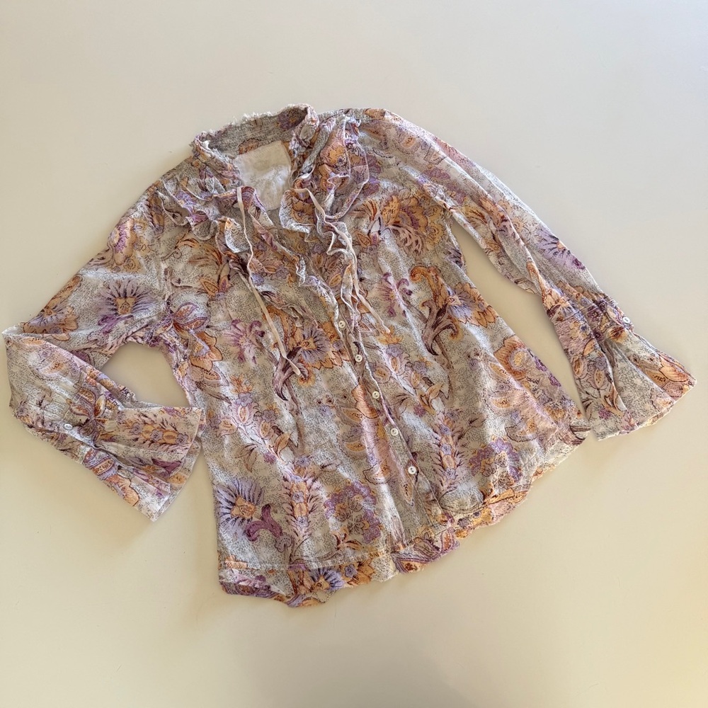 Cino-Romantic Ruffle-Long Sleeve-ButtonUp Shirt-Blouse-100% Cotton-Floral-Size M